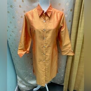 Anne Alexander orange 100% silk collared button front shirt dress size small